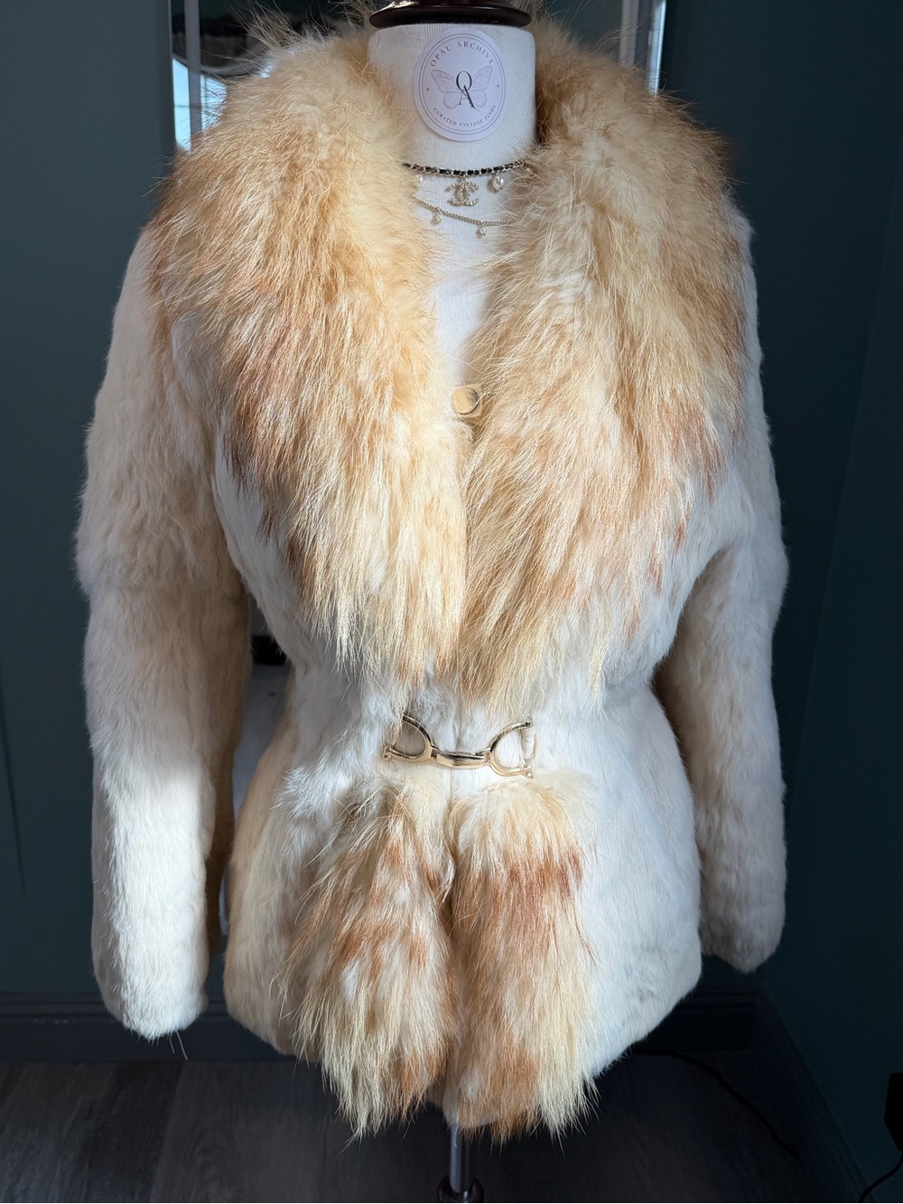 Cream Faux Fur Pea Coat with Honey-Toned Trim